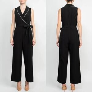 Tahari Womens Collared V Neck Scuba Jumpsuit Plus Size 16 Black Straight Leg NWT